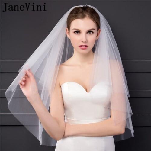 JaneVini Short Wedding Veil with Comb 2019 Simple Cut Edge Velo Tul Bridal Veil Ivory White Two Layers Tulle Bride Veils Hair