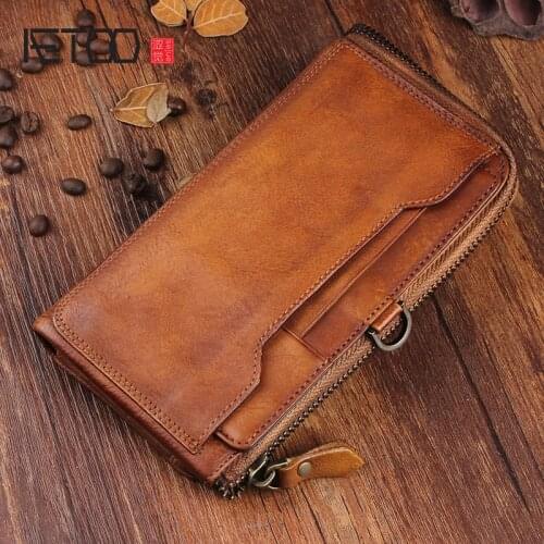 AETOO Retro fashion leather wallet, multi-card position leather handbag, long zipper ultra-thin wallet