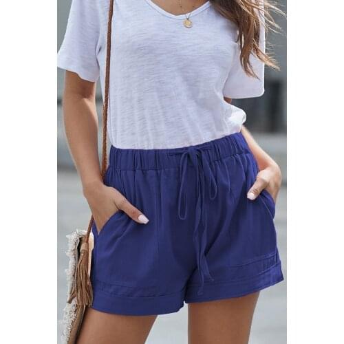 Fashion Casual Shorts Summer New Style Pleated Pocket Sports Solid Color Shorts Elastic Lace High Waist Straight Wide Leg Pants