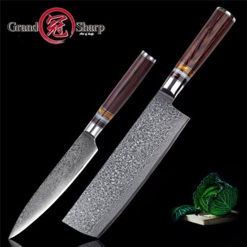 Grandsharp 2 Pcs Kitchen Knife Set 67 Layers Japanese VG10 Damascus Steel Chef Utility Kitchen Knife Pakka Wood Handle Gift Box