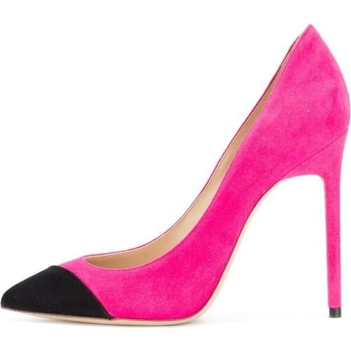 Sexy Pink Black Suede Patchwork Dress Shoes Stiletto Heels Shallow Pointed Toe Party Wedding Shoes Slip-on Mixed Color Pumps