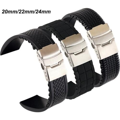 20mm 22mm 24mm Black Silicone Watch Band Men Women Sport Waterproof Folding Buckle Rubber Wrist Strap Bracelet Accessories