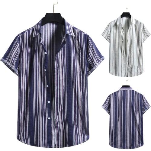 New Stripe Shirts Whit Men Cotton Linen Print Short Sleeve Button Shirt Blouse Top Mens Fashion Vintage Clothing Camisa Hombre