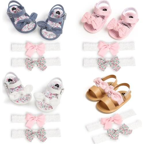 Citgeett Summer Baby Girls Cotton Toddler Shoes and Headband Children Floral Stripe Soft Sole Sandals