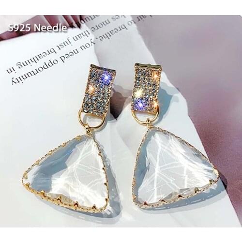 Real 925 Sterling Silver Needle Long Dangle Drop Earrings for Women Jewelry Triangular Crystal Female Earrings Charm