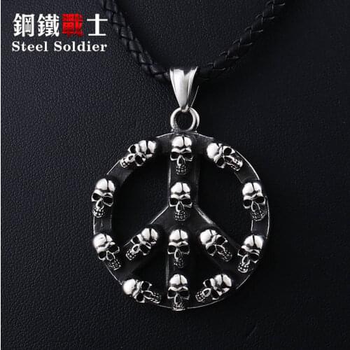 Steel soldier punk big round cycle skull pendant Ppeace symbol men necklace stainless steel vintage jewelry as creative gift