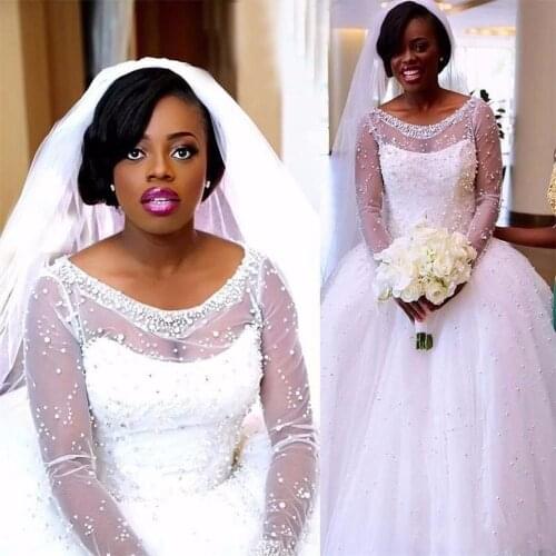 Long Sleeve Wedding Dresses Plus Size Sheer Scoop Neck Beads Pearls Tulle Skirts Arabic Custom Bridal Ball Gowns