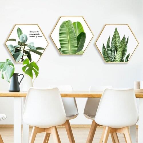Framed Living Room Decoration Canvas Painting Hexagongal Background Wall Painting Bedroom Green Flowers Hexagon Hanging Poster