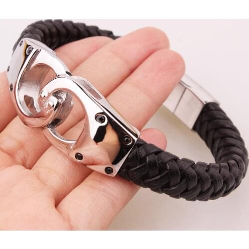 Top quality stainless steel handcuffs bracelet pulsera hombre handmade Braided Black Genuine leather bracelet jewellery