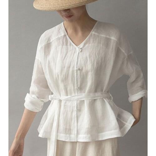 Johnature 2021 Autumn New Cotton Linen Leisure V-neck Long Sleeve Single Breasted Lace Up Shirt Simple Comfortable Women Tops