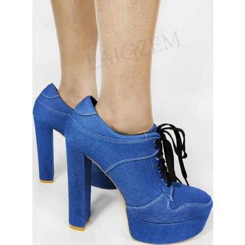 BERZIMER Ankle Boots Platfrom Denim Lace Up Chunky Block High Heels Booties Height Increase Unisex Shoes Woman Size 43 45 47 50