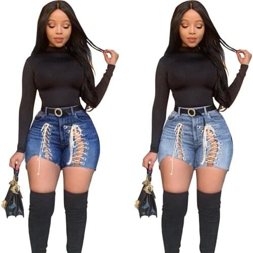 High Waist Bandage Denim Shorts for Women Sexy Hollow Out Bodycon Jeans Shorts 2021 Summer Streetwear Laced Up Shorts Plus Size