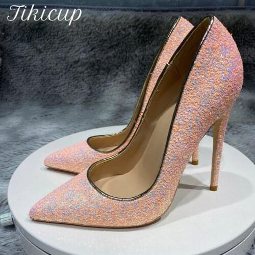 Tikicup Pink Glitter Sequins Women Sexy Pumps Pointed Toe Slip On Ladies Wedding Party Shoes Shiny Chic Stiletto High Heels