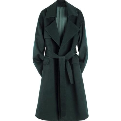 2020 Autumn And Winter long cashmere woolen coat female fashion dark green woolen coat jacket Loose Casacos Femininos belt