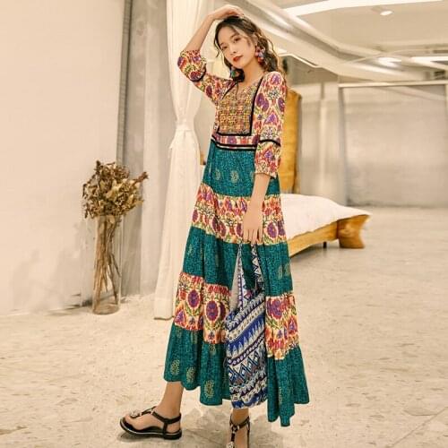 Summer new womens bohemian ethnic style embroidery printing big swing beach dress Thailand Nepal retro long dress