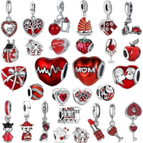 1Pcs New Red Cat Ladybug Strawberry Heart Pendant Suitable for Original Pandora Charm Bracelet Necklace DIY Ladies Jewelry Gift