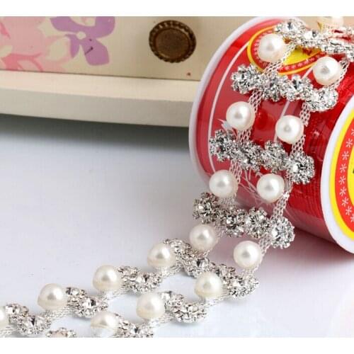 1Yard Pearl Crystal White Rhinestone Bridal Trim Garments Accessory Fashion Chain Silver KW0161