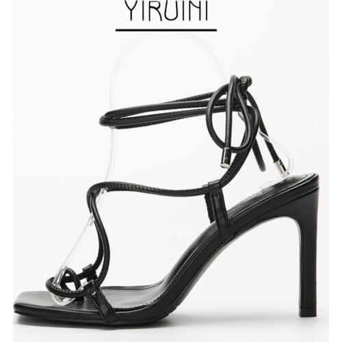 2021 Fashion Syle Women Sandals Square Toe One Stap In Font Ankle Lace-Up High Thin High Heels Shoes Women Large Size 34-43