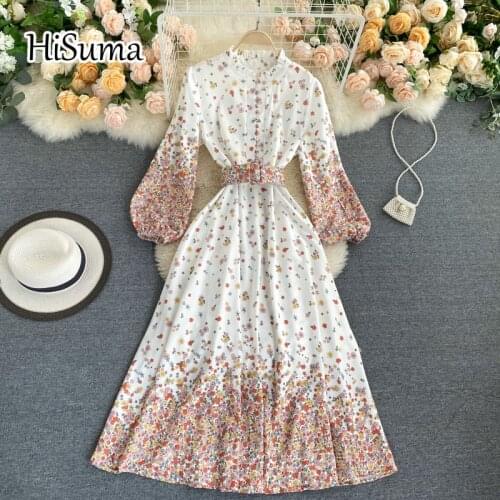 2021 spring new women o-neck lantern sleeve waist flower print chiffon A-line dress female Chic pure white elegant sweet dresses