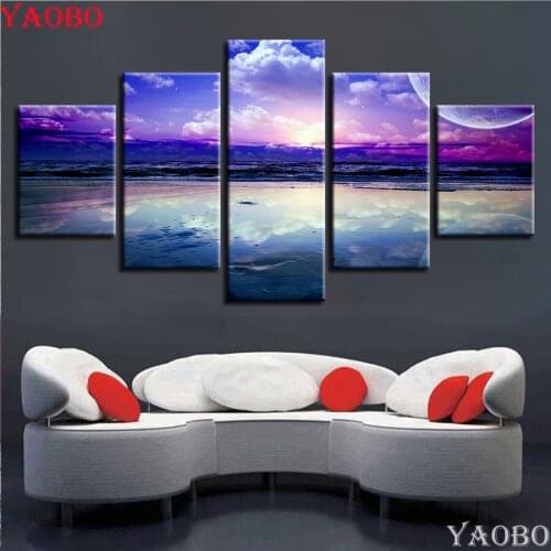 5 pcs 5d diy diamond Painting Purple Skyline Clouds Seascape mosaic diamond picture of rhinestones Embroidery beads cross-stitch
