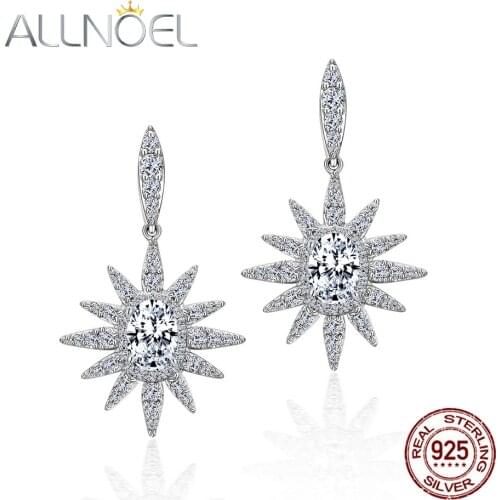 ALLNOEL 925 Sterling Silver Earrings For Women Sun Flower White Zircon Gem Diamond Earrings Wedding Engagement Jewelry Hot Sale