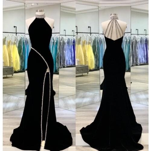 Velvet Pageant Dress for Lady 2020 Mermaid Halter Neck Crystals Detail High Slit Sexy Prom Dress Beading Straps Back Couture