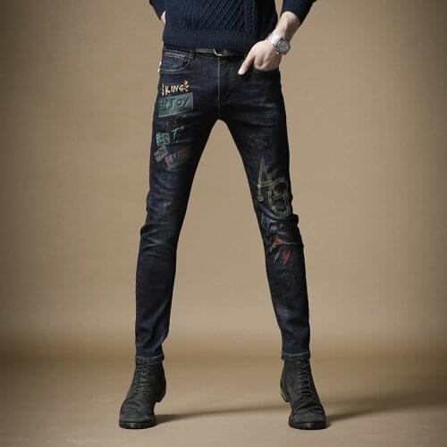 Free Shipping New mens male denim jeans high-end embroidered brand slim feet trend dark blue denim pants trousers