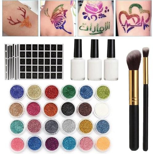 Body Art Glitter Tattoo Kit 118 Pattern Stencils Powder Brush Glue Temporary Tattoos Tools Body Painting Glitter Powder Set