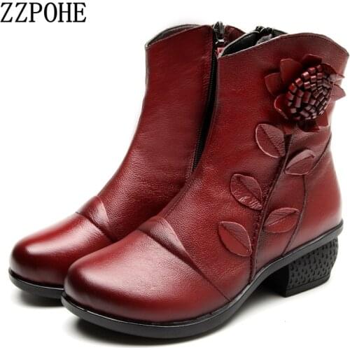 ZZPOHE Winter New Fashion Women Shoes Woman Flower Genuine Leather Ankle Boots Female Casual Soft Platform Vintage Ladies Boots