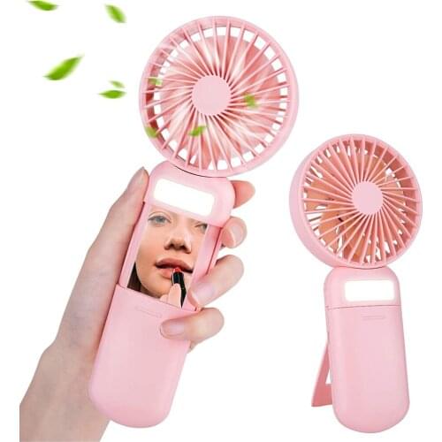 ELOOLE Mini Handheld Fan Portable Rechargeable USB Fan Adjustable Fan with Mirror&LED Light Fan for Women Girls Travel Office