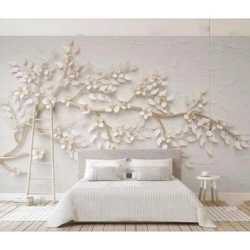 Custom Photo murals Golden branches white flowers 3d relief TV background wall decoration Self Adhesive wallpaper Waterproof