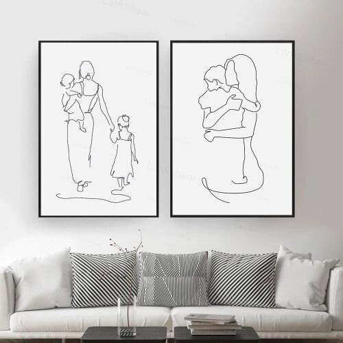 Canvas Painting Mother And Daughters Son Line Drawing Posters Abstract Minimalist Wall Art Print Moder Pictures Home Decor