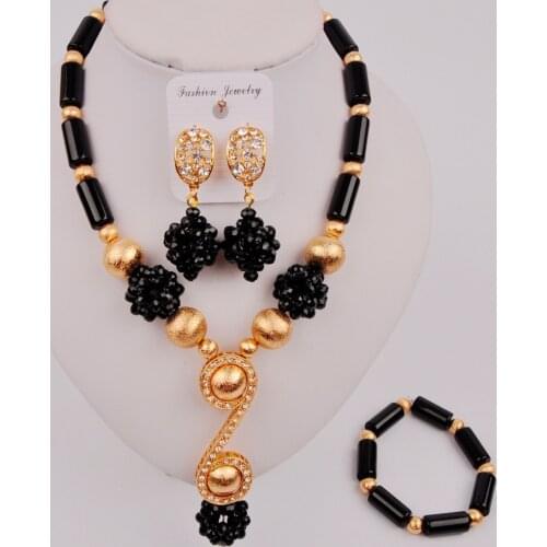 Pretty Black Crystal Beaded Womens Necklace African Costume Jewelry Sets for Nigerian Wedding SZQ3-7