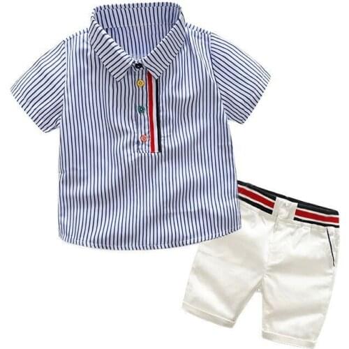 2021 Summer college style boy baby Gentleman striped shirt Fashion shorts five-point pants suit Childrens clothing party