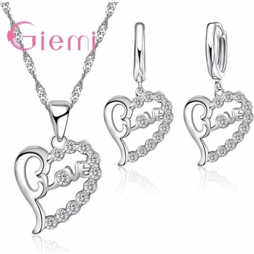 Dazzling High Quality Austrain Crystal Women Love Heart Necklace Earrings Jewelry Sets for Bridal Solid Silver Color Bijoux