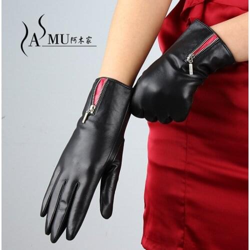 Womens Gloves Brand Ladies Fashion Designer mid zipper style Genuine Leather Sheepskin Autumn Warm Finger women Leather Gloves