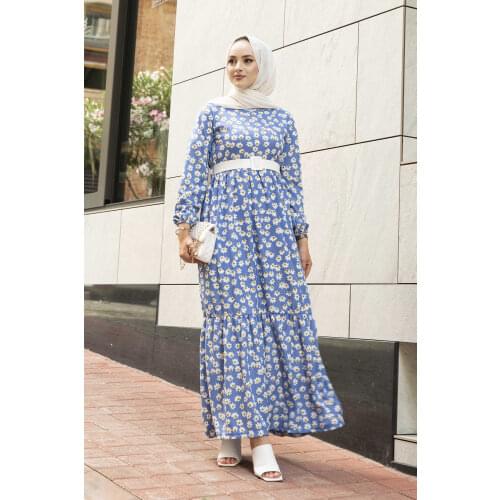 Daisy Patterned Leather Belt Dress Abaya Muslim Dress Maxi Dress New Arrival Women Vestidos Flower Long Sleeve Dubai Fashion