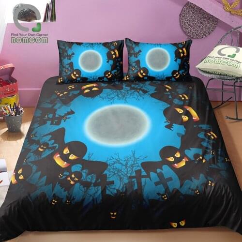 BOMCOM 3D Digital Printing Happy Halloween Ghosts Faces Big Moon Dark Night Duvet Cover 100% Microfiber Blue
