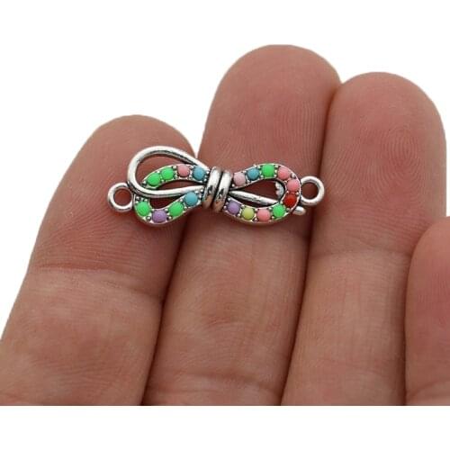 JAKONGO Silver Plated Crystal Bow Charm Connector for Making Bracelet DIY Findings Jewelry Accessories 27x10mm 5pcs