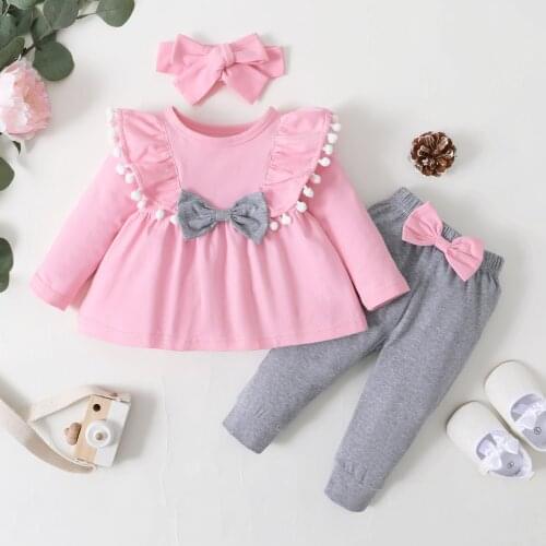 Toddler Baby Girls Long Sleeve Bowknot Tassel Pullover Tops Solid Pants Headband Infant Girls Clothing Set winter Casual Wear