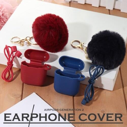 Silicone Case Protective Cover For Apple Airpods 1/2 Earphone Accessories Blue/Purple Silicone Case With Fur Ball Keychain