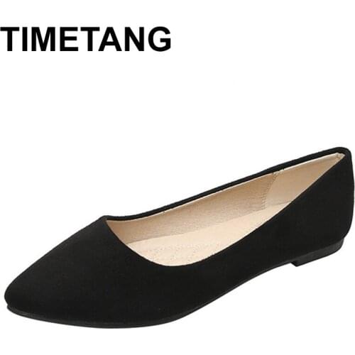 TIMETANG black work shoes woman pointed toe soft bottom dress flats shallow office ladies comfy moccasins flock slip on brief