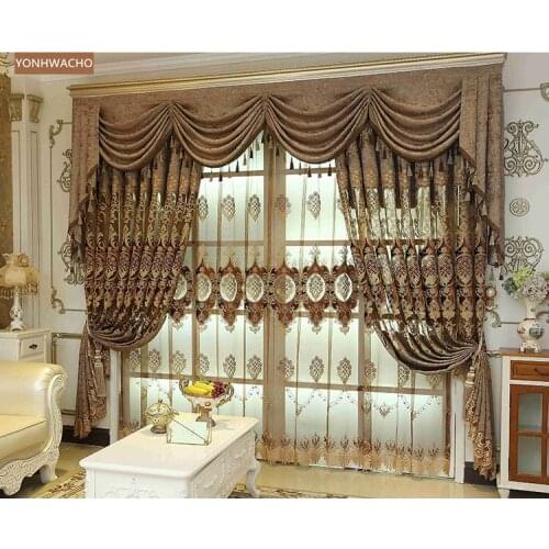 Custom curtain New Chenille Thick Hollow Embroidered Living Room Villa coffee cloth blackout curtain valance tulle panel C754