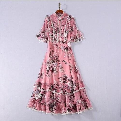 Womens European and American clothing 2021 summer new style Short sleeve stand collar lace fungus border printing dress