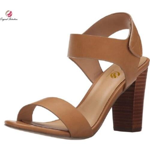 Original Intention Women Sandals Nice Hook & Loop Square Heels Sandals Black Brown Shoes Woman Soft Leather Plus US Size 4-15