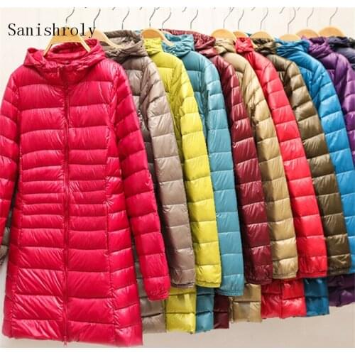 Sanishroly S-7XL White Duck Down Jacket Women Ultra Light Down Coat Parka Female Midi Long Hooded Outerwear Plus Size 7XL SE877