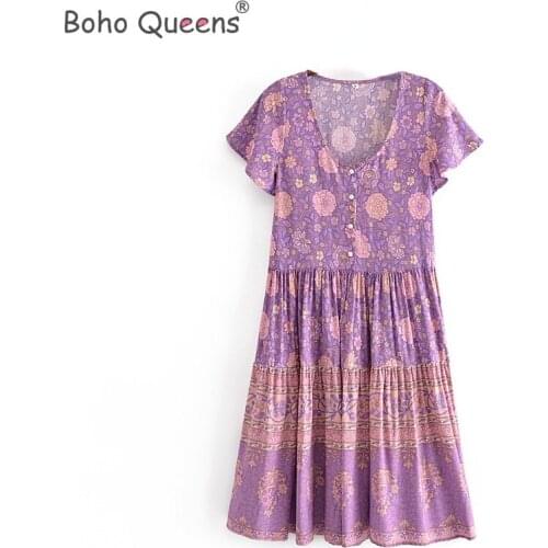 Boho Queens women floral print deep V-neck Bohemian mini dress Ladies short sleeve happie dresses vestidos