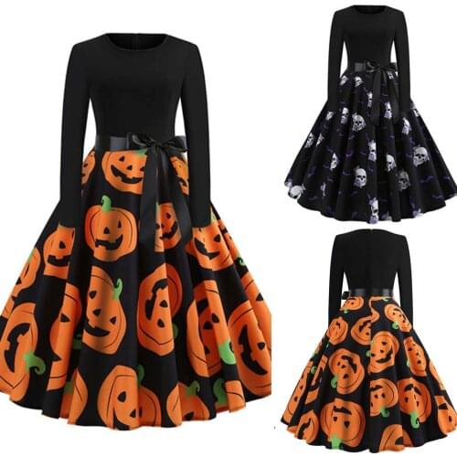 Halloween Vintage Dress 2021 Womens Long Sleeve O-Neck Pumpkin Skull Print Sexy 50s 60s Gown Festival Party Big Swing Dress q5