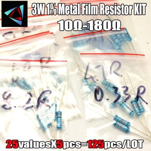 3W 1% 10Ω-180Ohm 25valuesX5pcs=125pcs Metal Film Resistor Kit Resistor Pack 3W 1% Torlerance Resistor Pack