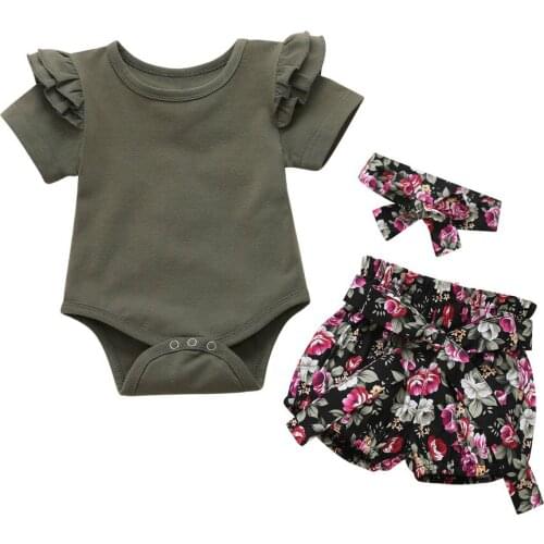 Newborn Baby Girls Kid Clothes Sets 3pcs Romper Tops Flower Print Pants Headband Cotton Clothes 0-24M